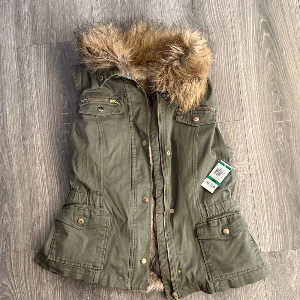 INC International Concepts Olive Green Vest with Faux Fur Trim